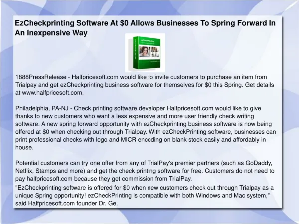 EzCheckprinting Software At $0 Allows Businesses