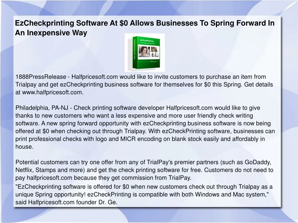 ezcheckprinting software at 0 allows businesses