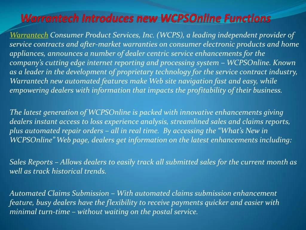warrantech introduces new wcpsonline functions