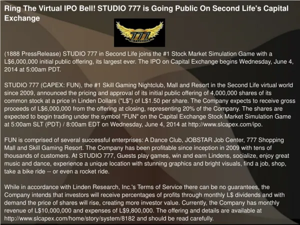 Ring The Virtual IPO Bell! STUDIO 777 is Going Public