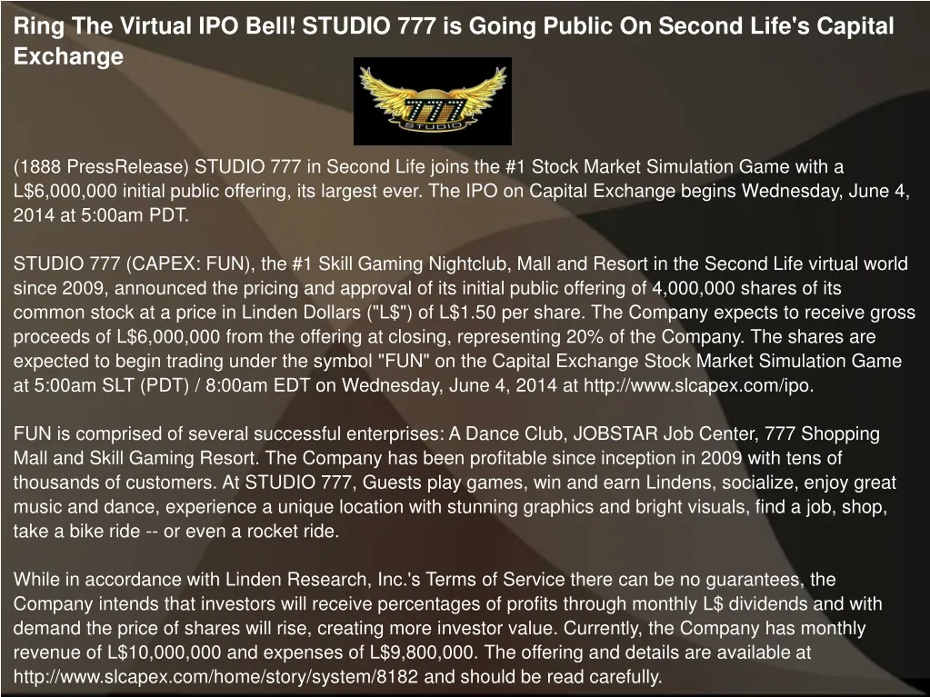 ring the virtual ipo bell studio 777 is going