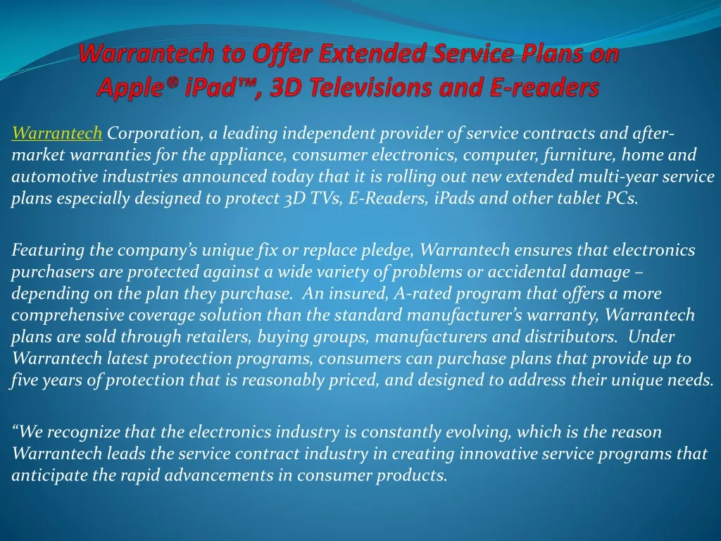 warrantech to offer extended service plans on apple ipad 3d televisions and e readers