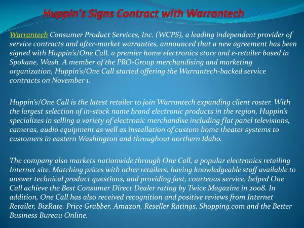 Huppin's Signs Contract with Warrantech