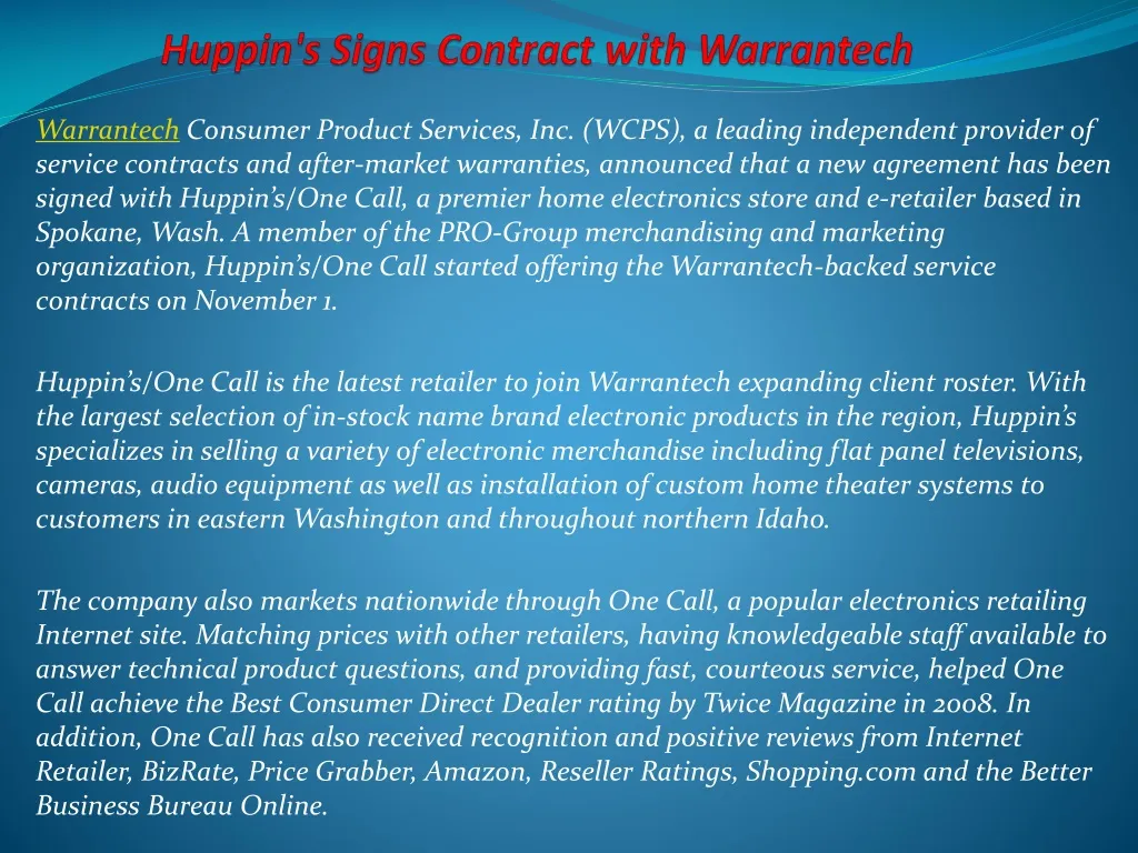 huppin s signs contract with warrantech