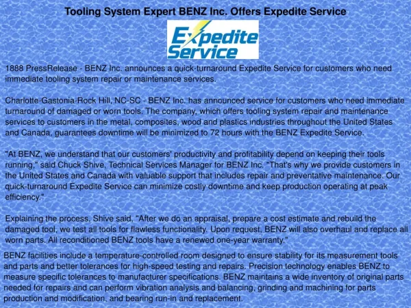Tooling System Expert BENZ Inc. Offers Expedite Service