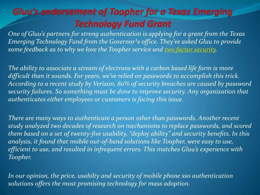 gluu s endorsement of toopher for a texas emerging technology fund grant