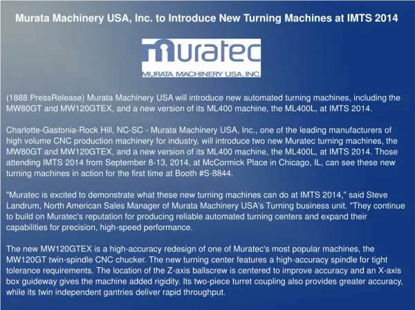 Murata Machinery USA, Inc. to Introduce New Turning Machines