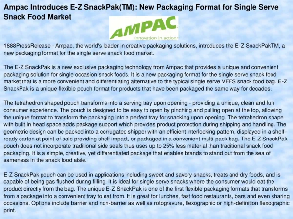 Ampac Introduces E-Z SnackPak(TM): New Packaging Format