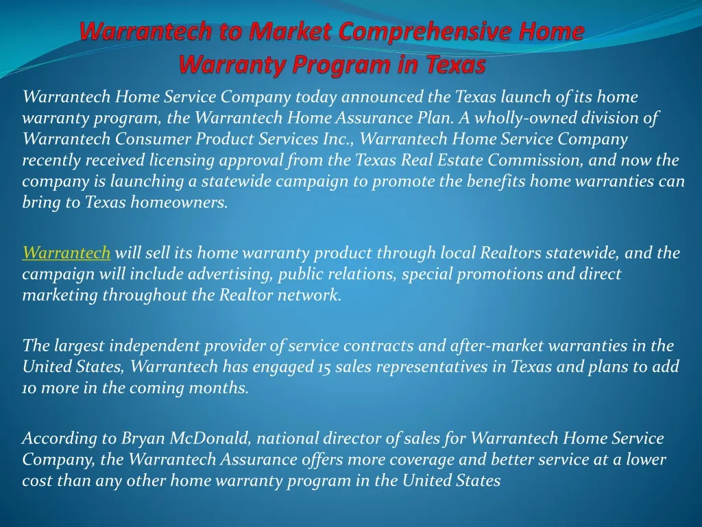 warrantech to market comprehensive home warranty program in texas