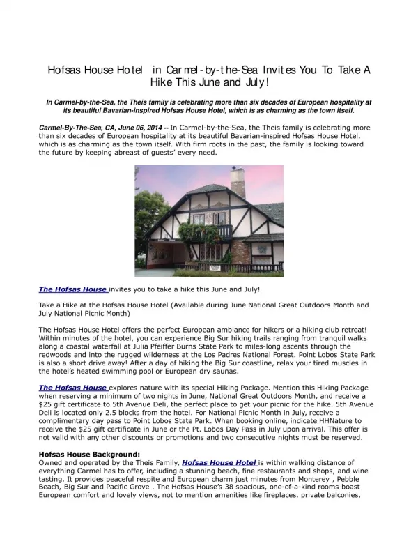 Hofsas House Hotel in Carmel-by-the-Sea Invites You to take