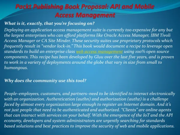 Packt Publishing Book Proposal: API and Mobile Access Manage