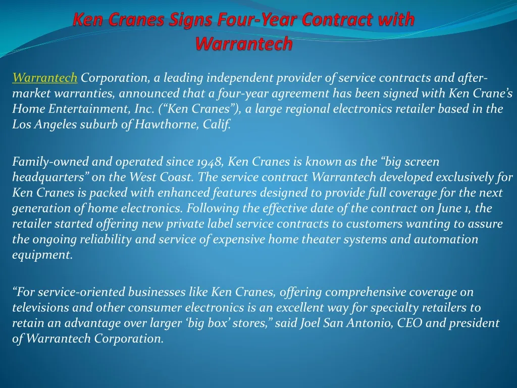 ken cranes signs four year contract with warrantech