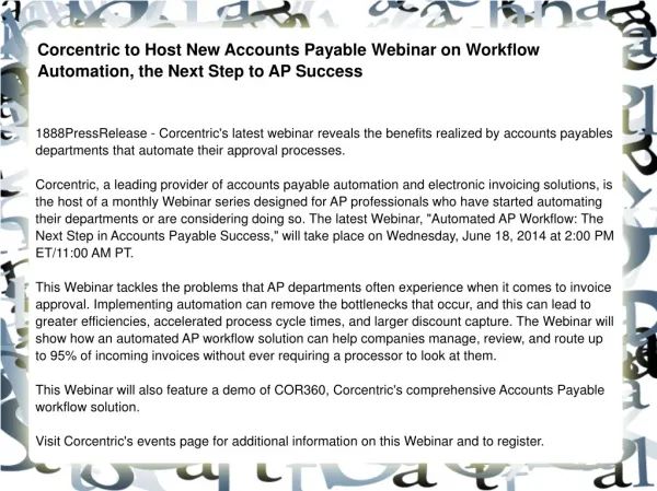 Corcentric to Host New Accounts Payable Webinar on Workflow