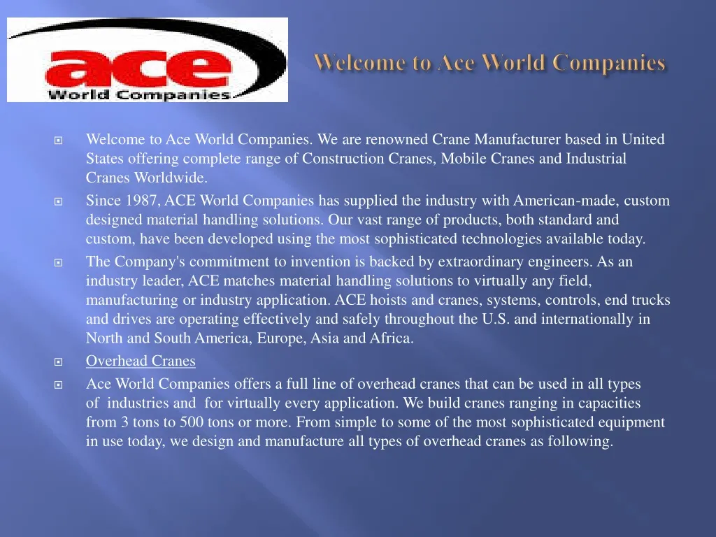 welcome to ace world companies