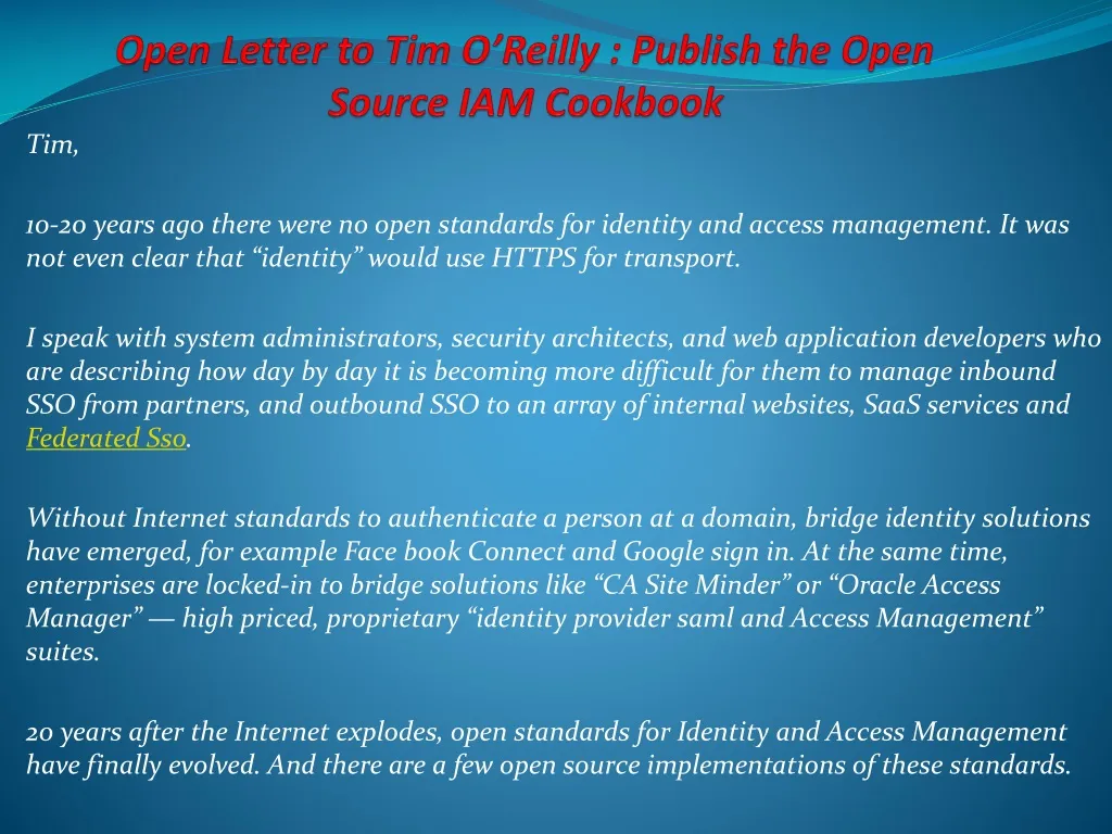 open letter to tim o reilly publish the open source iam cookbook