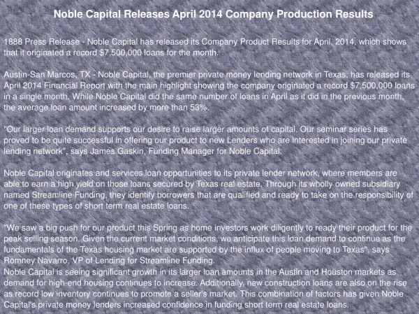Noble Capital Releases April 2014 Company Production Results