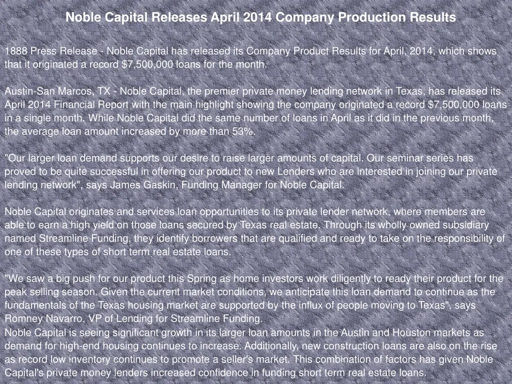 noble capital releases april 2014 company