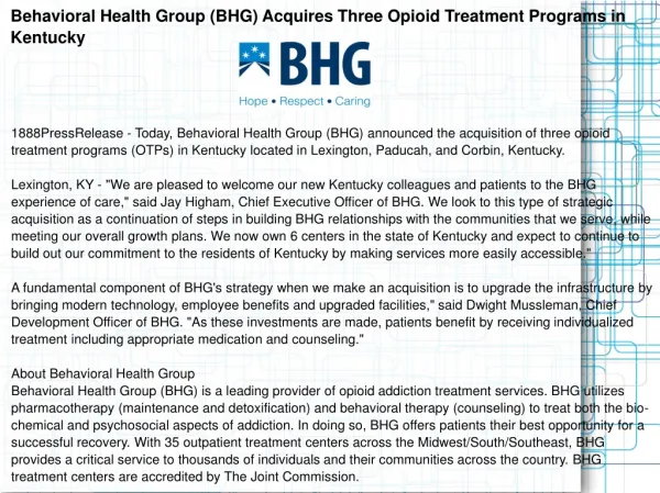 Behavioral Health Group (BHG) Acquires Three Opioid