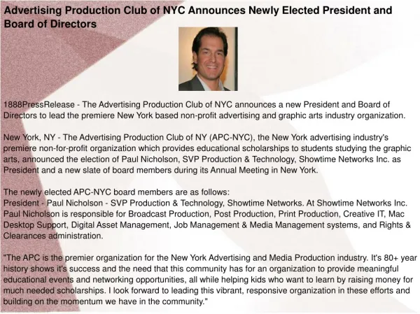 Advertising Production Club of NYC Announces Newly
