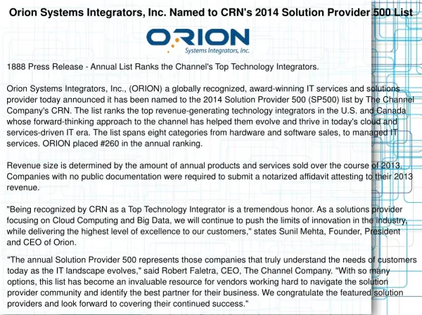 Orion Systems Integrators, Inc. Named to CRN's 2014 Solution