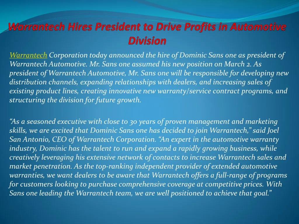 warrantech hires president to drive profits in automotive division