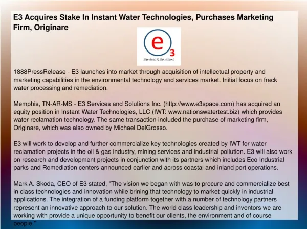 E3 Acquires Stake In Instant Water Technologies