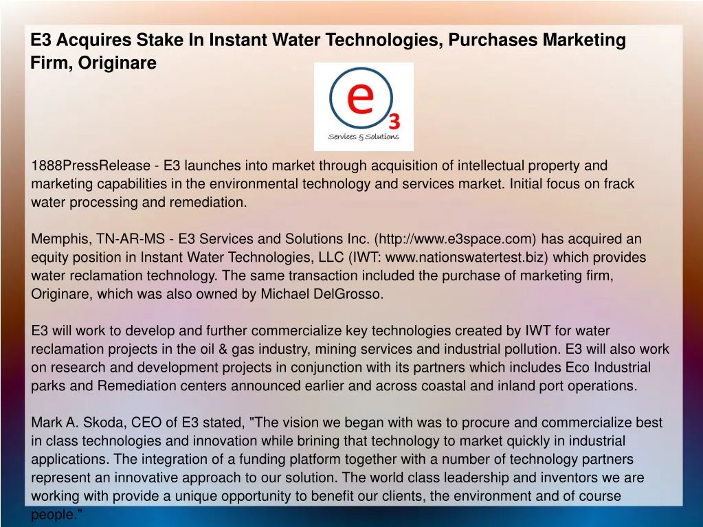 e3 acquires stake in instant water technologies