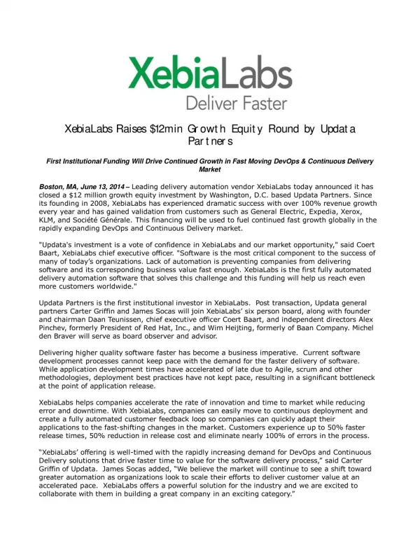 XebiaLabs Raises $12m in Growth Equity Round by Updata Partn