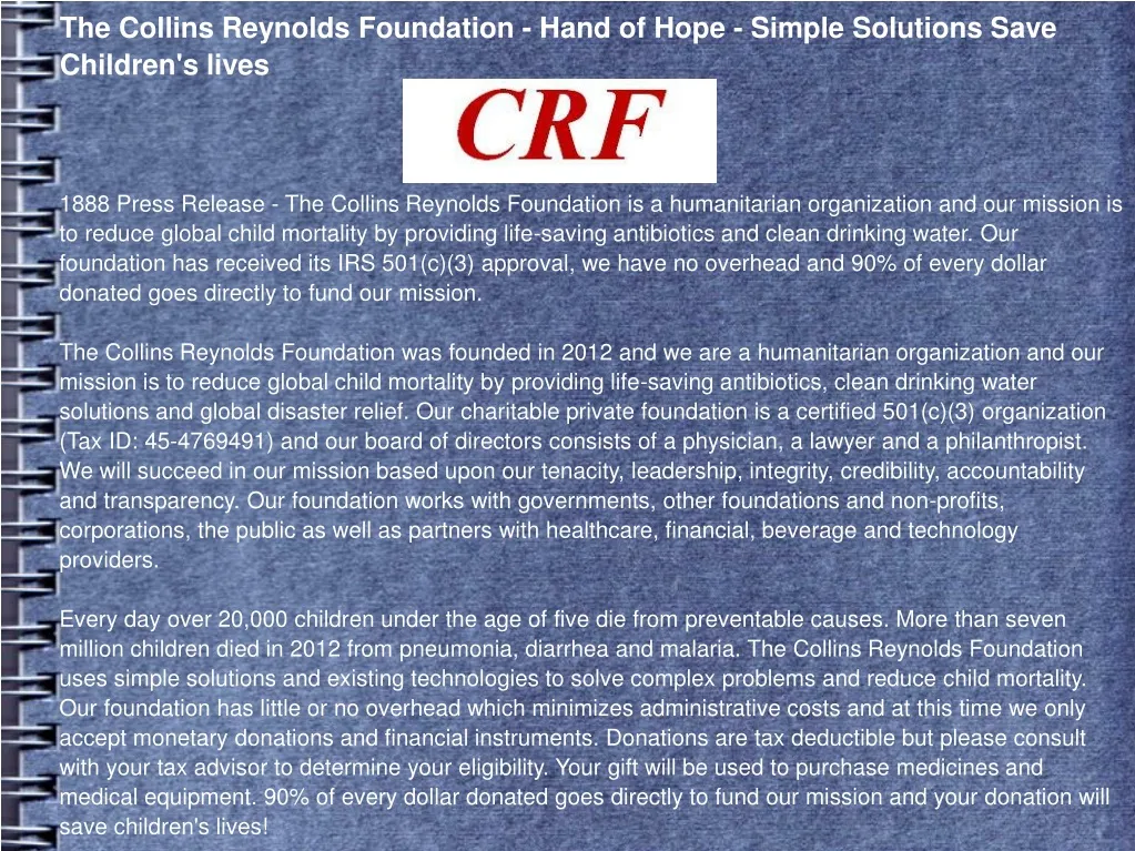 the collins reynolds foundation hand of hope