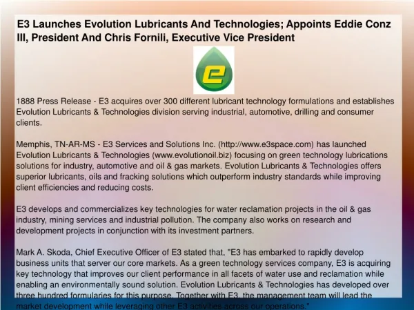 E3 Launches Evolution Lubricants And Technologies