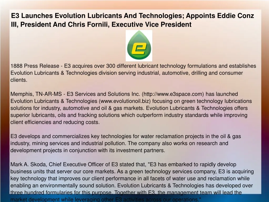 e3 launches evolution lubricants and technologies