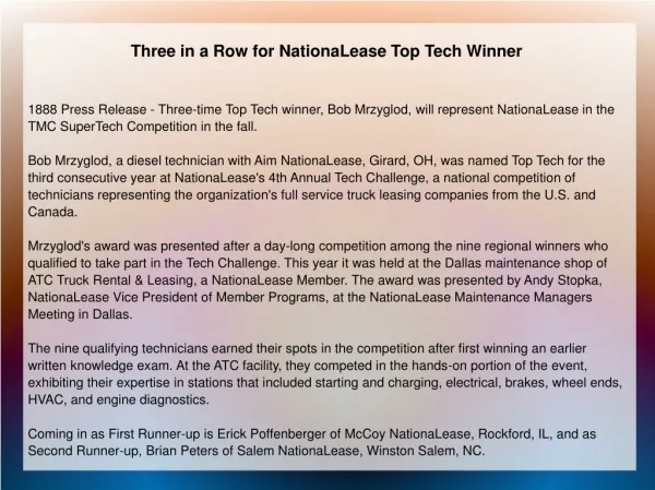 Three in a Row for NationaLease Top Tech Winner