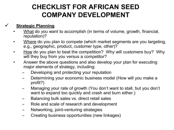 checklist for african seed company development