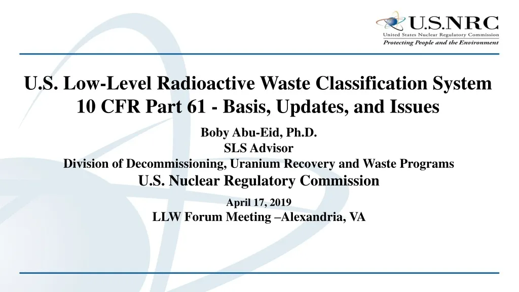 u s low level radioactive waste classification system 10 cfr part 61 basis updates and issues