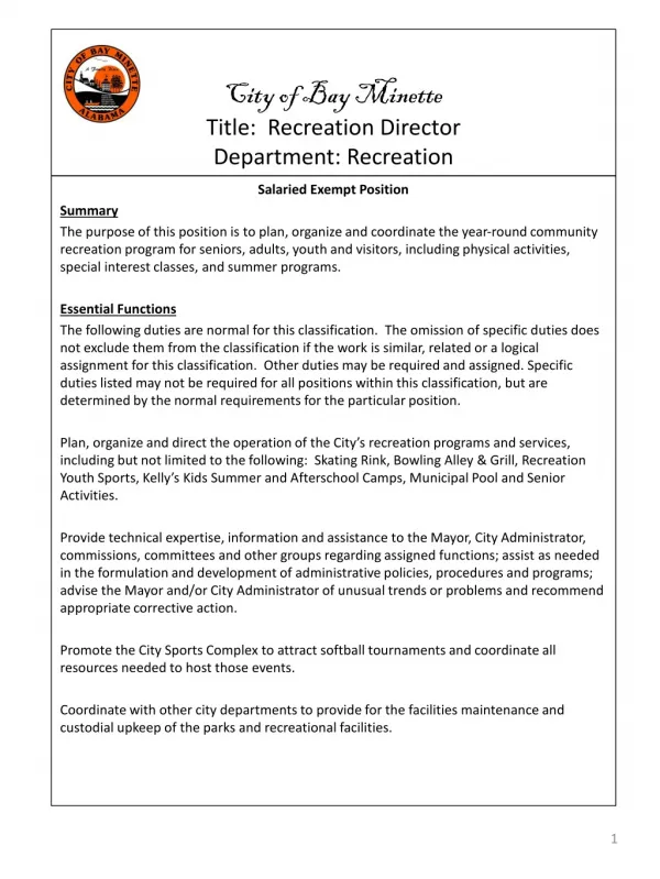 City of Bay Minette Title: Recreation Director Department: Recreation