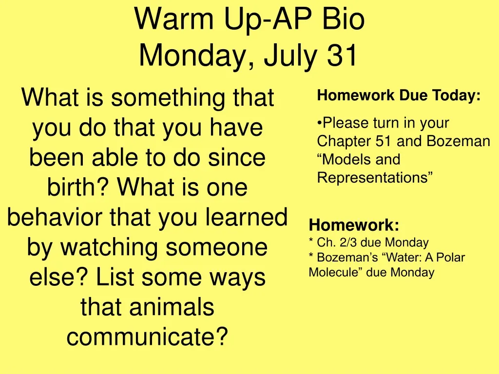 warm up ap bio monday july 31