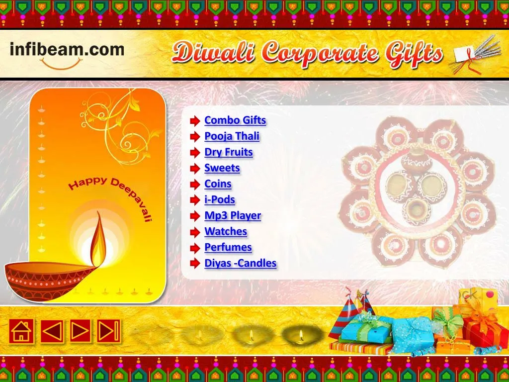 combo gifts pooja thali dry fruits sweets coins i pods mp3 player watches perfumes diyas candles