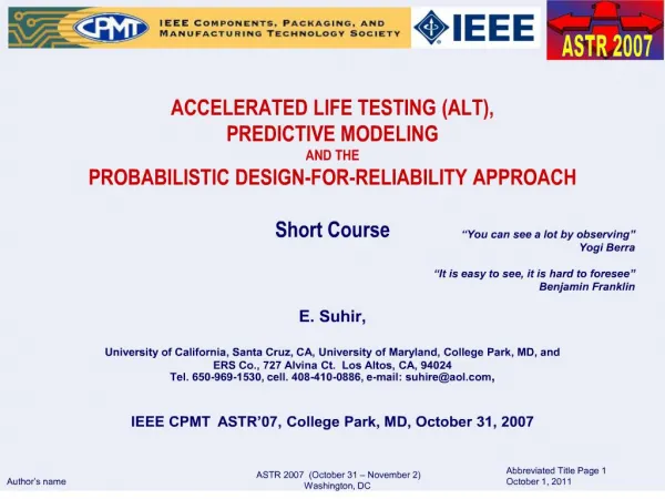 accelerated life testing alt, predictive modeling and the probabilistic design-for-reliability approach short cour