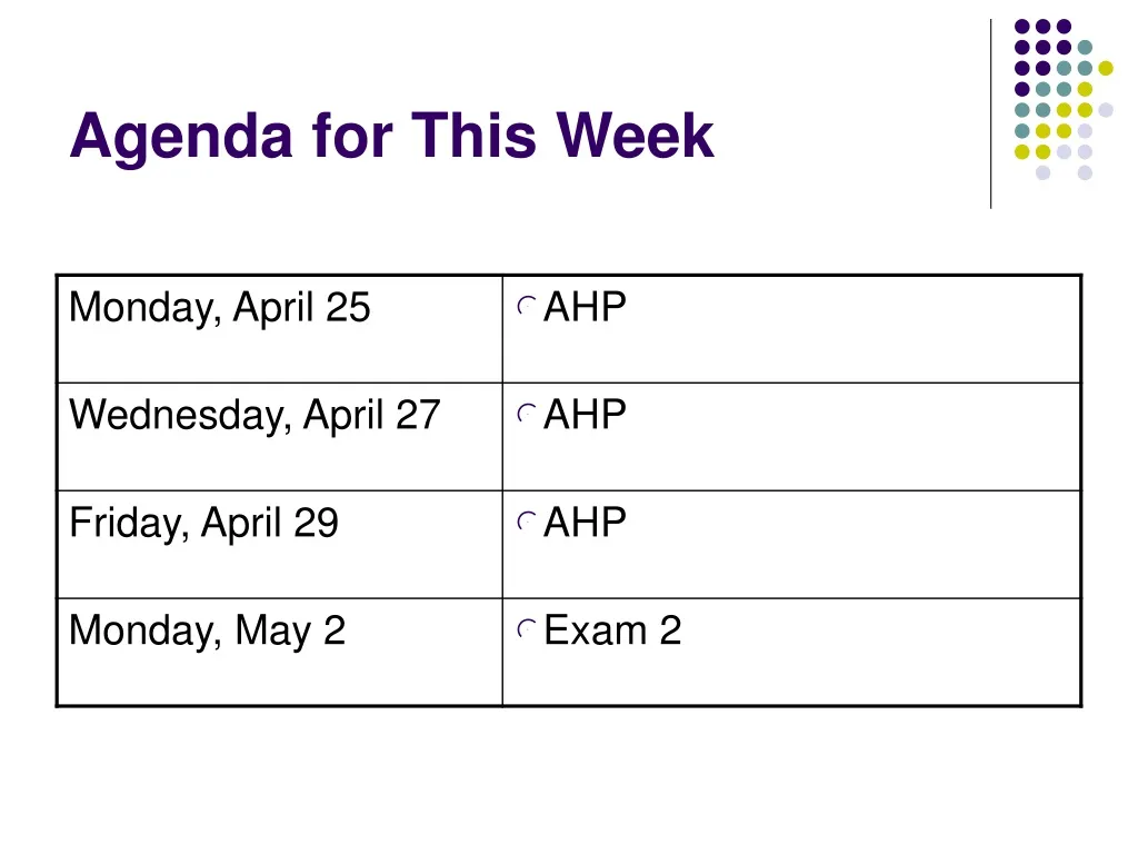 agenda for this week