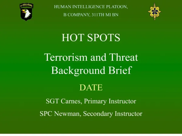 HOT SPOTS Terrorism and Threat Background Brief DATE SGT Carnes, Primary Instructor SPC Newman, Secondary Instructor