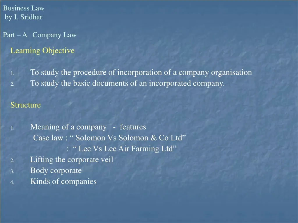 business law by i sridhar part a company law