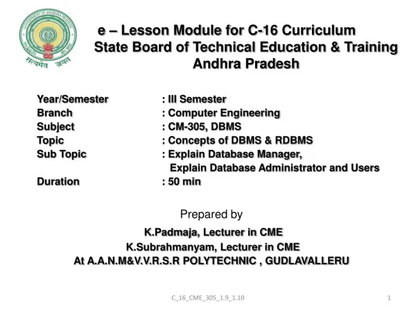 Prepared by K.Padmaja , Lecturer in CME K.Subrahmanyam , Lecturer in CME
