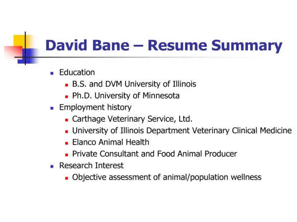 David Bane Resume Summary