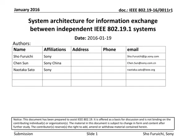 System architecture for information exchange between independent IEEE 802.19.1 systems