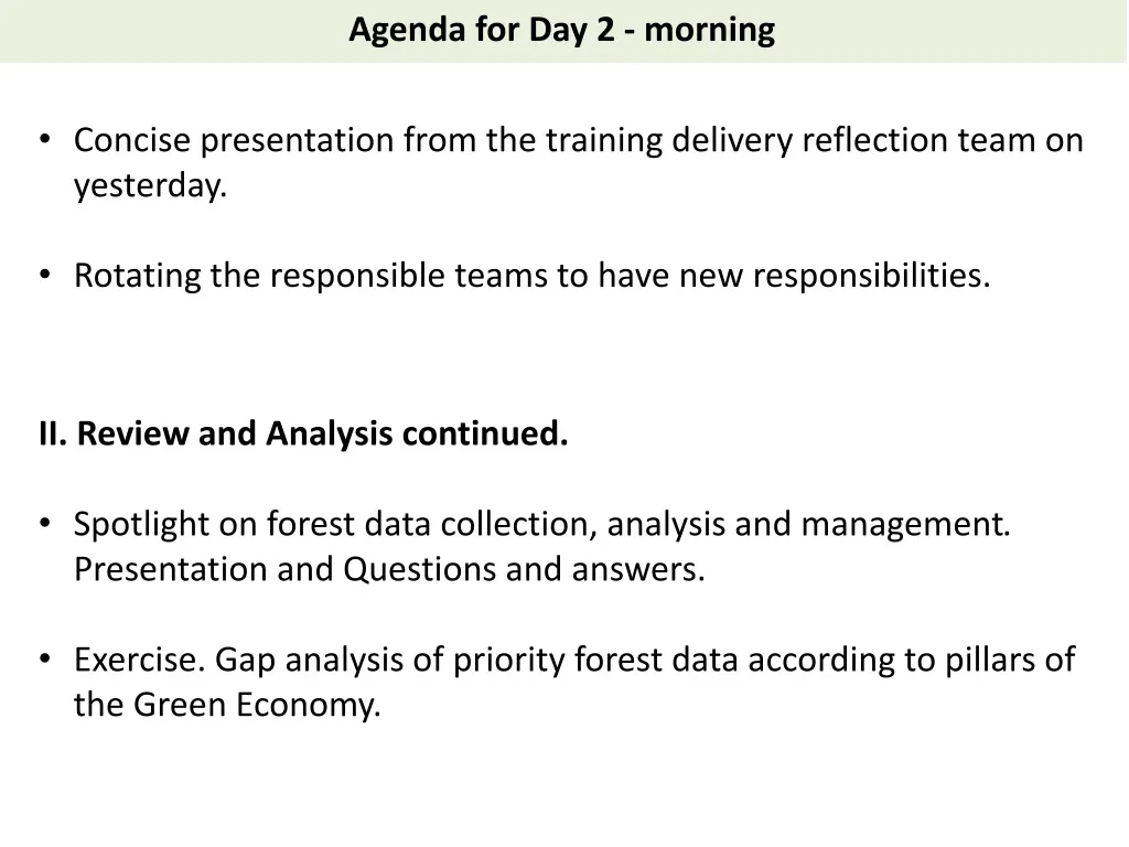 agenda for day 2 morning