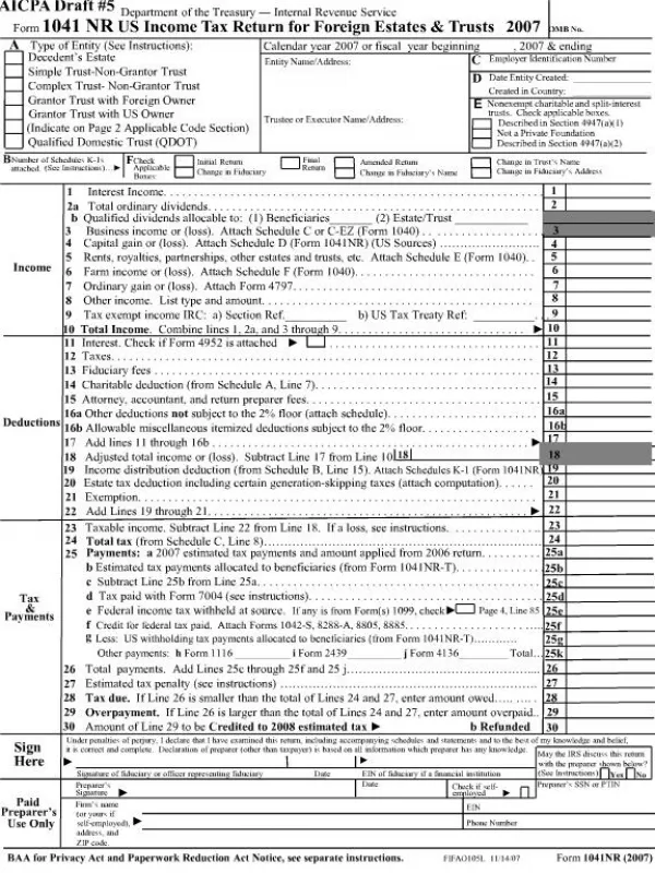 Form 1041 NR US Income Tax Return for Foreign Estates Trusts 2007 OMB No.