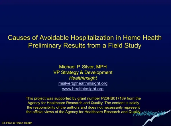Causes of Avoidable Hospitalization in Home Health Preliminary Results from a Field Study