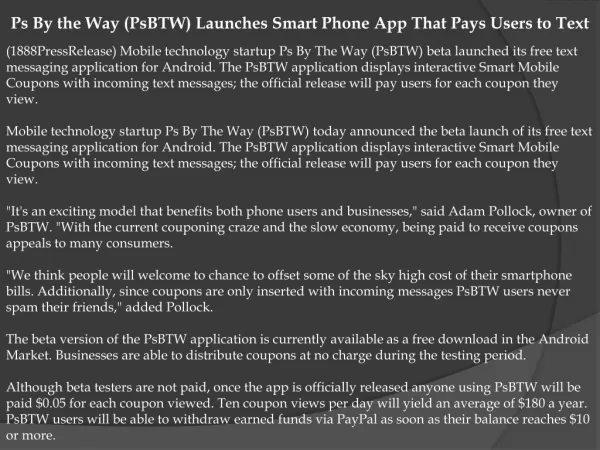 Ps By the Way (PsBTW) Launches Smart Phone App That Pays Use