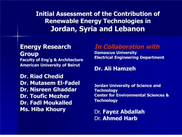 Initial Assessment of the Contribution of Renewable Energy Technologies in Jordan, Syria and Lebanon