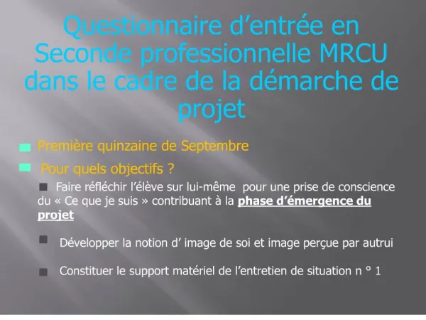 Questionnaire d entr e en Seconde professionnelle MRCU dans le cadre de la d marche de projet